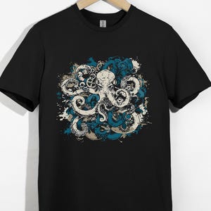 Octopus T-Shirt, Japanese Kraken Sea Monster, Blue Tentacle Graphic, Ocean Marine Life Tee