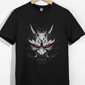 Demonic Oni Mask with Red Eyes - Japanese Yokai Horror Art - Black Samurai Demon Tattoo Style Shirt
