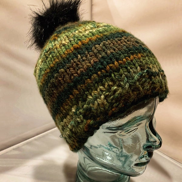 handknit Slouchy hat,handknit hat, handmade hat,Hunter hat,outdoor hat, green hat,hat with pom,handknit stocking hat, handmade