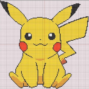 May include: Cross-stitch pattern of Pikachu, a yellow creature with black-tipped ears, red cheeks, and a lightning bolt-shaped tail. The design is on a grid, perfect for crafting. The character is from the popular Pokémon franchise.