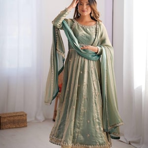 Pastel Green Anarkali Gown with Dupatta | Readymade Handmade Anarkali & Festive Dress for Women | Long Embroidered Anarkali