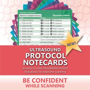 Può includere: Schede di protocollo ecografico con un'etichetta verde e bianca, che elencano le informazioni sulla sonografia addominale. Le schede sono impilate con un adesivo a forma di stella "NUOVO!". Il testo recita "BE CONFIDENT WHILE SCANNING."