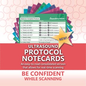 May include: Ultrasound protocol notecards with a green and white label, listing abdominal sonography images. The text reads "Be Confident While Scanning". A star-shaped "NEW!" sticker is on the image.