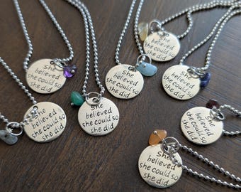 She Believed She Could, So She Did - Stainless Steel Ball Chain Necklace Charm Pendant with Natural Gemstone