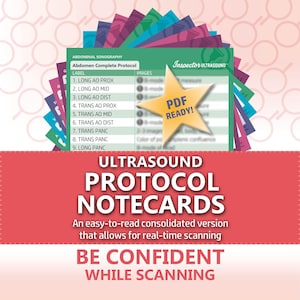 Puede incluir: Una pila de tarjetas de protocolo de ultrasonido coloridas con una tarjeta verde encima etiquetada Abdominal Sonography Abdomen Complete Protocol y una estrella dorada que dice PDF READY. El texto dice ULTRASOUND PROTOCOL NOTECARDS.