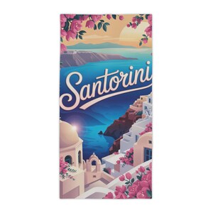 Santorini Beach Towel, Stylish Summer Towel, Travel Gift, Poolside Towel, Floral Beach Decor, Vibrant Vacation Must-Have