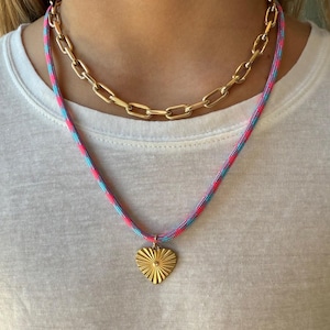 Pink and Blue Paracord Necklace with Heart Charm- Handmade- Gift for Her- Adjustable Cord Necklace
