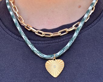 Green & White Paracord Necklace: Gold Heart Charm, Adjustable Length