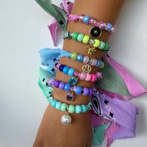 Dreamy Collection of Colorful Bandana Beaded Charm Bracelets or Anklets- pink, green, blue and purple options- handmade- gift for girls