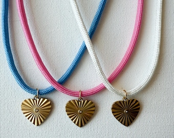Summer Love Handmade Paracord Necklace: Blue, Pink, White with Gold Heart