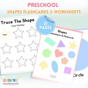 Könnte beinhalten: Vorschul-Formen-Lernkarten und Arbeitsblätter. Das Bild zeigt zwei Seiten mit dem Text "Trace The Shape" und "Shapes Worksheets & Flashcards". Die Arbeitsblätter zeigen Sternverfolgung und verschiedene farbige Formen. Der Text "21 Seiten" befindet sich in einem blauen Kreis.