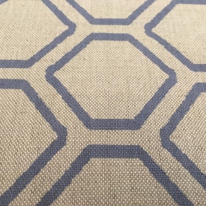 May include: Close-up of a textured fabric with a geometric pattern. The design features light blue hexagonal shapes outlined on a beige background. The fabric has a woven appearance, suggesting a textile suitable for upholstery or home decor.