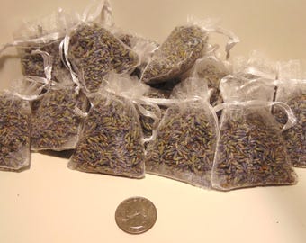 May include: A collection of small, clear mesh bags filled with dried lavender buds. The bags are tied with white ribbons. A US quarter is in the foreground for size comparison. The lavender buds are a mix of purple and green.