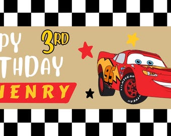 May include: A birthday banner featuring a red race car with the number 95, stars, and the text "Happy Birthday Henry 3rd". The background is tan with a black and white checkered pattern.
