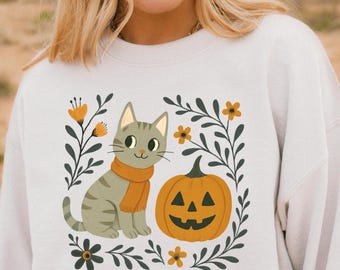 Cozy Fall Cat Sweatshirt: Halloween Pumpkin Floral Crewneck