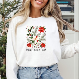 Floral Poinsettia Christmas Sweatshirt, Merry Christmas Crewneck, Holiday Floral Sweater, Winter Botanical Shirt, Cozy Christmas Outfit