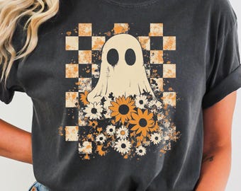 Comfort Colors Fall Ghost Shirt: Vintage Checkered Halloween Tee