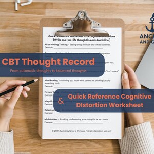 Automatic Thought to Balanced Thought Worksheet • CBT Flowchart Printable PDF | Instant Download