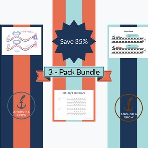 May include: A 3-pack bundle of habit trackers with a navy blue, orange, and light blue color scheme. The bundle includes a 30-day habit race chart and two other habit race charts. The text "Save 35%" is displayed.