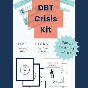Könnte beinhalten: Ein DBT-Krisen-Kit mit dem Titel in großen orangefarbenen Buchstaben. Das Kit enthält beruhigende Karten, eine Selbstpflege-Checkliste und T.I.P.P.-Beruhigungsfähigkeiten. Der Hintergrund ist marineblau mit weißem Text und Illustrationen.
