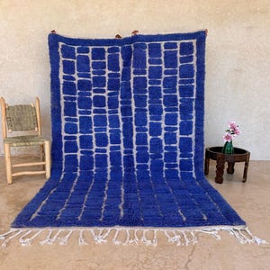 Minimalist Blue Grid Moroccan Rug — Hand-Knotted Berber Wool, Modern Checker Design for Boho & Scandinavian Decor