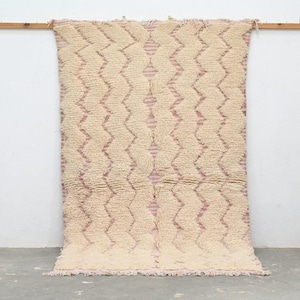 Neutral Moroccan Shag Rug in Cream with Dusty Pink Waves — Artisan Beni Ourain Wool Carpet for Living Room or Bedroom
