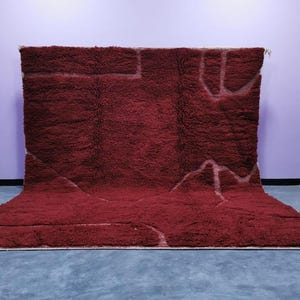 Garnet Red Moroccan Wool Shag Rug – Handwoven Berber Minimalist Abstract with Soft High Pile & Subtle Ivory Linework