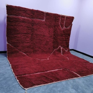 Wine Red Atlas Wool Carpet – Plush Handmade Berber Pile with Minimalist Geometric Relief, Boho Modern