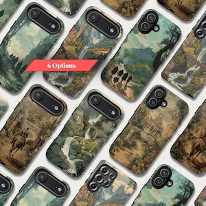 May include: A collection of phone cases featuring various landscape paintings. The cases display scenes with waterfalls, forests, and architectural elements. A red banner with the text "6 Options" is visible.
