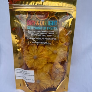 Naturally Sweet Dehydrated Pineapple Slices. Perfect for snacking, cocktails, teas, baking or gifting. No added sugar or preservatives. 100g