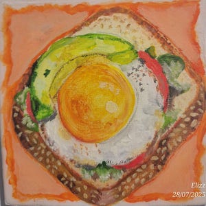 May include: A painting of a breakfast sandwich on a square canvas. The sandwich features a fried egg with a bright yellow yolk, avocado slices, and red pepper on a slice of toasted bread. The background is a light orange.