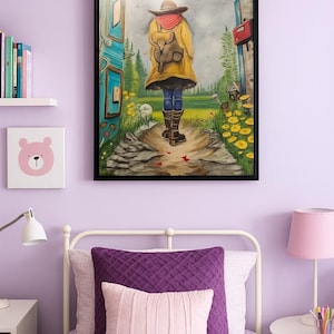 May include: A framed watercolor painting depicts a person walking on a stone path towards a blue door. The person wears a yellow coat, brown hat, and backpack. The artwork is displayed above a bed with purple and pink pillows.