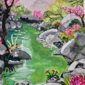 May include: A vibrant painting of a serene Japanese garden scene. The artwork features a flowing green river, gray rocks, and lush greenery. Pink cherry blossom trees and other colorful flowers add a touch of vibrancy. The artist's signature and date are in the bottom right corner.
