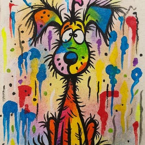 May include: Colorful cartoon dog illustration with a rainbow-colored face and body, set against a background of paint drips in various colors. The artwork is signed "Elizz" with a date of 22/08/2023.