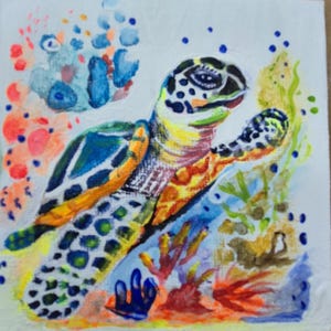 May include: A colorful painting of a sea turtle swimming in the ocean. The turtle has a patterned shell with shades of blue, yellow, and orange. The artwork includes coral and other sea life.