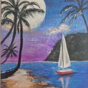 May include: An acrylic painting of a tropical beach scene at night. A full moon shines above palm trees and a sailboat on the water. The sky transitions from blue to purple. The painting is signed "Elizz" with the date "28/07/2025".