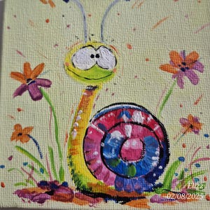 May include: A whimsical painting of a cartoon snail with a yellow body and a colorful shell. The snail is surrounded by flowers in shades of orange and purple, set against a light green background. The artist's signature and date are in the bottom right corner.