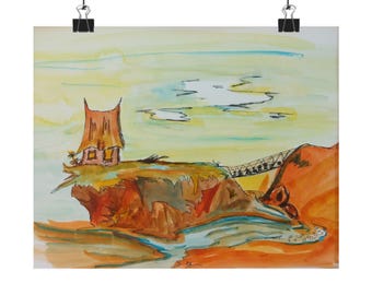 Whimsical Cliffside House Matte Horizontal Poster | Watercolor Landscape Art 10"x 8"