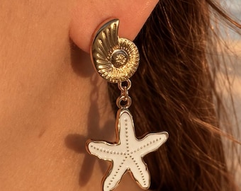 Starfish Earrings Gold, Beach Earrings Summer Jewelry, Coastal Statement Earrings, Ocean Inspired Jewelry, Nautilus Shell Earrings