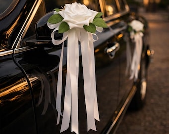 Bridal Car Mirror Flower Decor Set, Wedding Ribbon Bow Door Handle Flowers, Rose Vehicle Decoration, Bridal Getaway Car Accessories