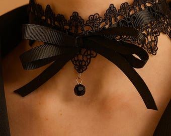 Dark Romantic Lace Choker, Victorian Gothic Necklace, Black Bow Choker, Gothic Lace Jewelry, Alternative Style