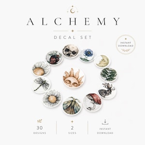 May include: A decal set featuring 30 designs in 2 sizes, with an instant download option. The designs include illustrations of a skull, flowers, a sun, a moon, a dragonfly, a mushroom, and a deer. The word "ALCHEMY" is at the top.