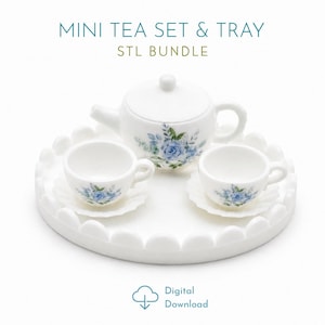 May include: A white miniature tea set and tray. The set includes a teapot, two cups, and saucers, all decorated with blue floral patterns. The tray has a scalloped edge. Text on the image reads "MINI TEA SET & TRAY STL BUNDLE" and "Digital Download."