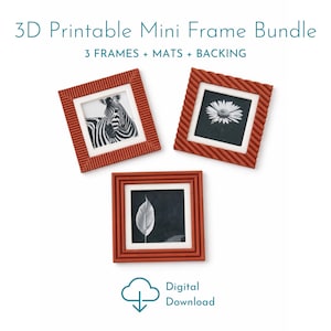 May include: Three small, square, rust-colored picture frames with white mats, each containing a black and white image. The frames are arranged on a white background. Text at the top reads "3D Printable Mini Frame Bundle". The bottom right corner has a digital download icon.