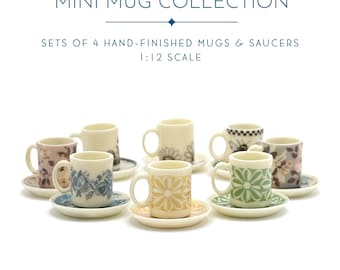 Miniature Coffee Mugs & Saucers | Set of 4 | 1:12 Scale Hand-Finished Dollhouse Mini Tableware