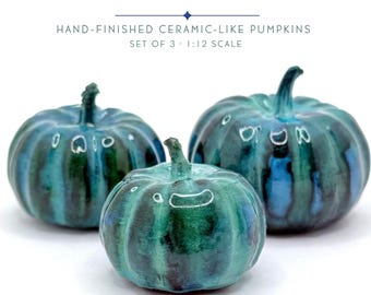 Artisan Ceramic-Look Mini Pumpkins | Hand-Finished 1:12 Scale Dollhouse Decor (Set of 3)