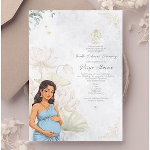 Invitation bleue hindoue Godh Bharai - Modèle élégant sur toile pour baby shower - Symboles Lotus, Diyas, Ganesh et Om - Carte numérique modifiable
