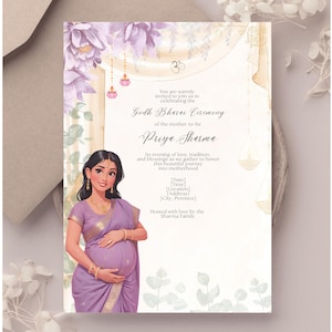 Modelo elegante para chá de bebê no Canva - Convite tradicional indiano Godh Bharai em roxo