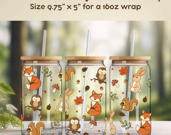 Woodland Animals Glass Can Wrap  | 16oz Template PNG | Foxes, Owls, Squirrels, Rabbits | Digital Download