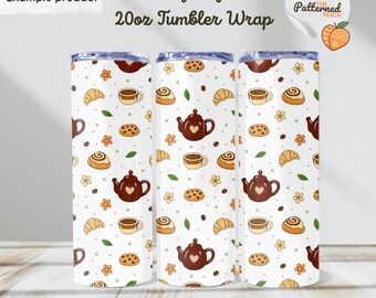 Cozy Cafe Tumbler Wrap | Hand Drawn Coffee, Croissants, Cookies, Cinnamon Swirls, Coffee Beans, Teapots, Mugs (PNG Digital Download)